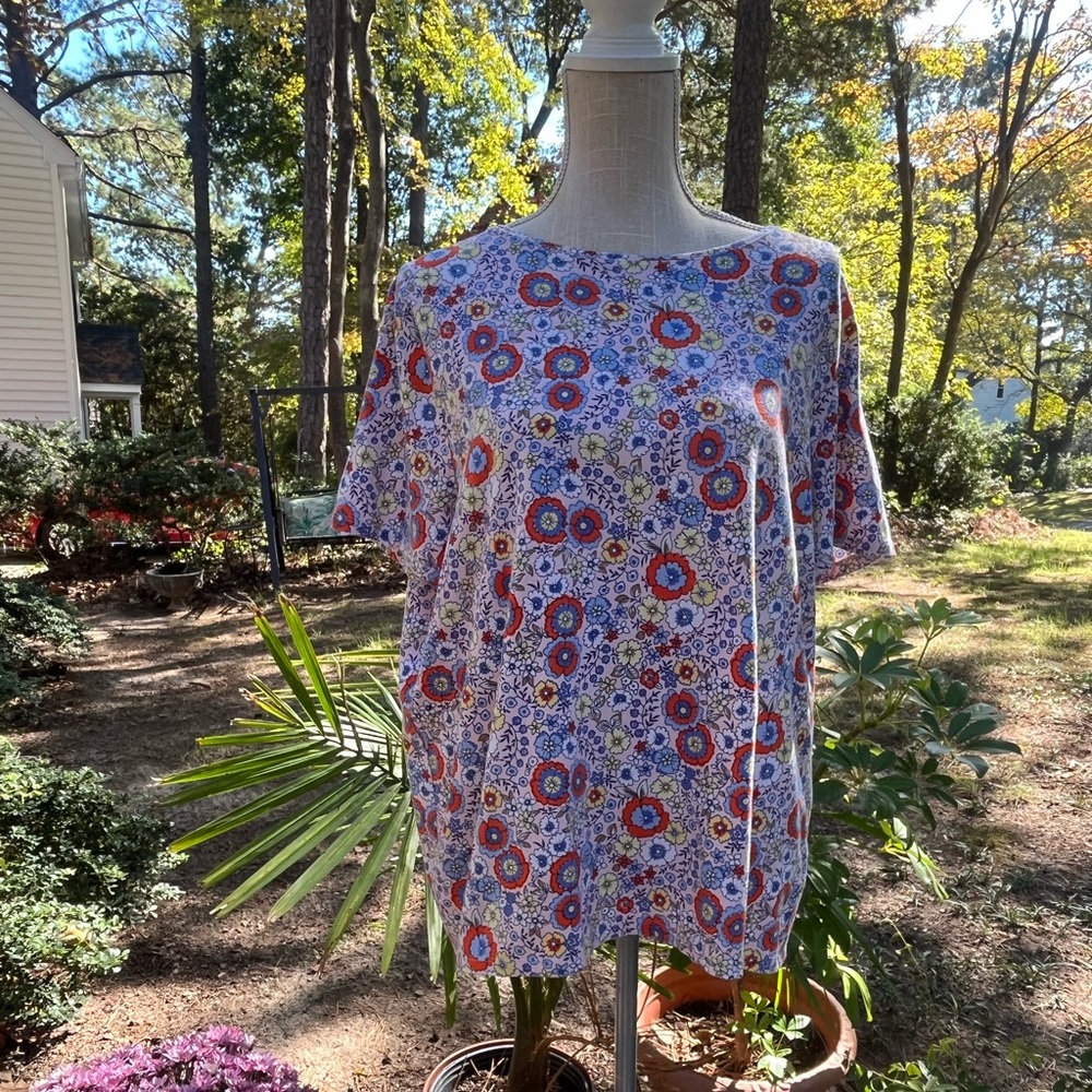 Talbots Tee Shirt, Floral Print, 2X, Short Sleeve, Orange Blue, Fall, EUC